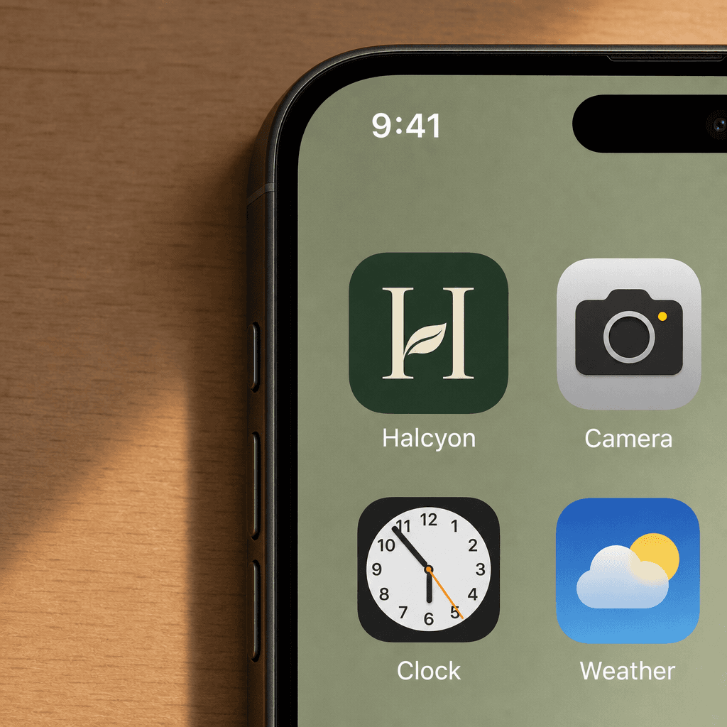 Halcyon app icon on an iPhone 17 Pro home screen